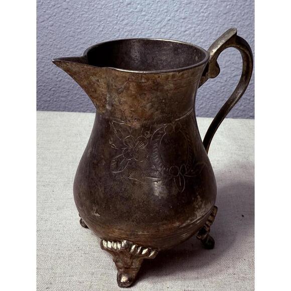 Antique Brass Hand Forged Scallop Leg Floral Etched Pattern Milk Pot Tea Pot Jug - Picture 4 of 9